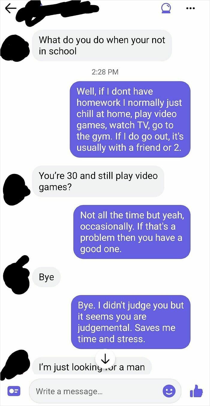 Text message conversation showing a brutal rejection after admitting to playing video games at age 30.