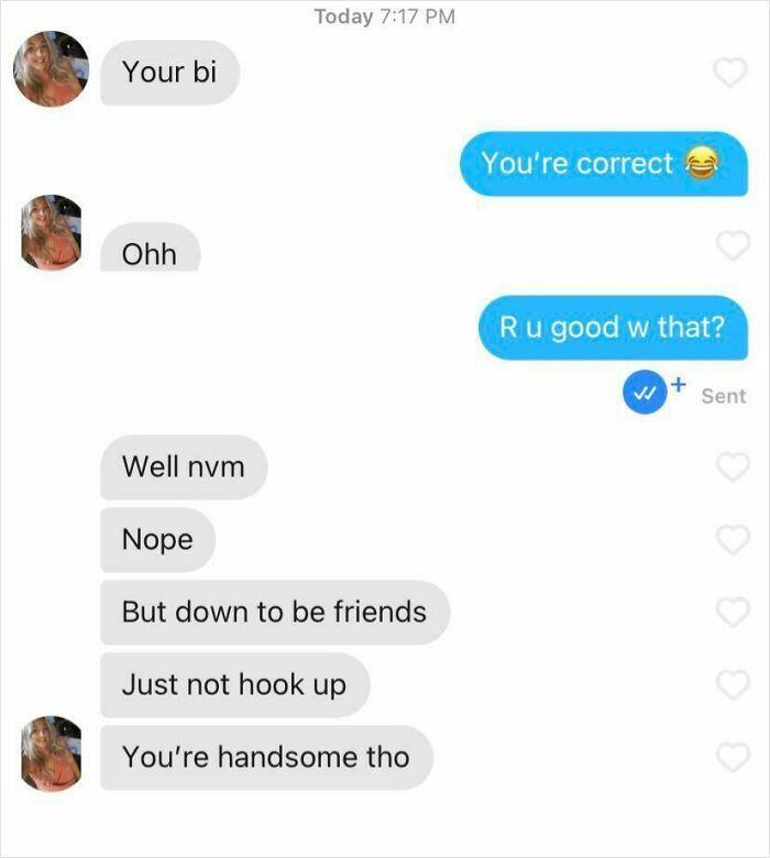 Text message conversation showing a brutal rejection where one person declines a hookup but offers friendship instead.
