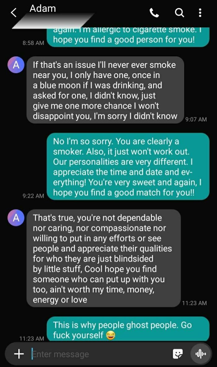Text message exchange showing brutal rejections that left people baffled with intense and unexpected responses.