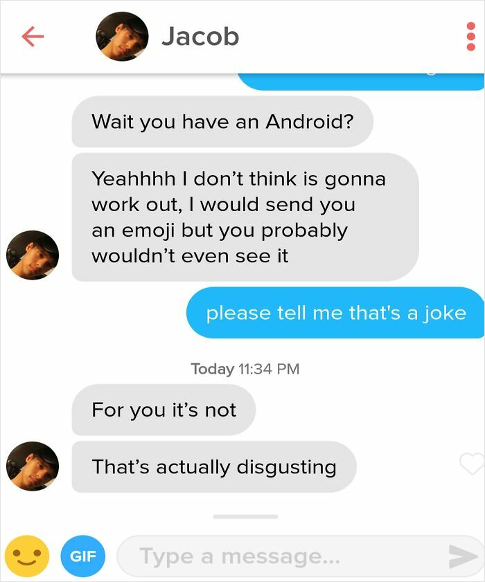 Text message showing a brutal rejection on a dating app that left the recipient baffled and offended.