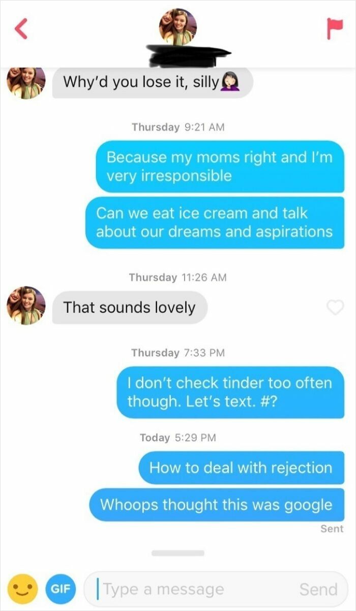 Text message exchange showing awkward rejection conversation on dating app, illustrating brutal rejections that left people baffled.