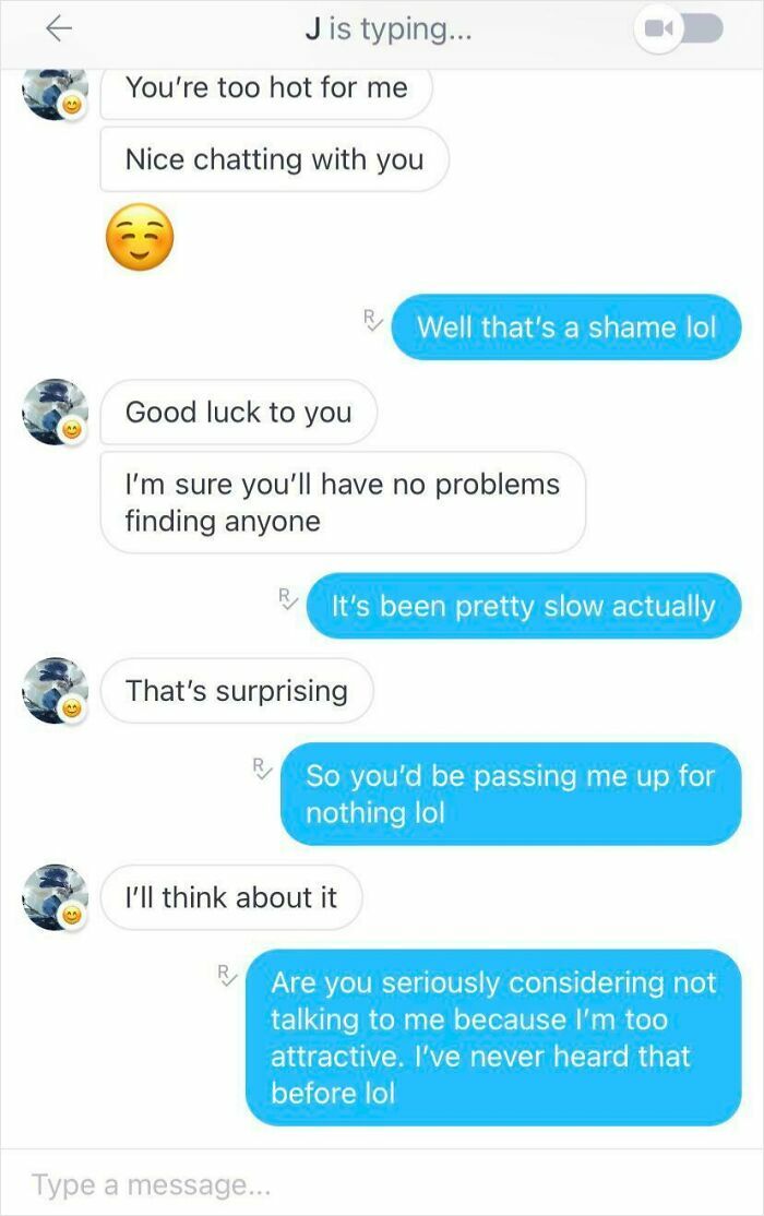 Text message conversation showing brutal rejection where one person says you're too hot, confusing the other in a baffling exchange.