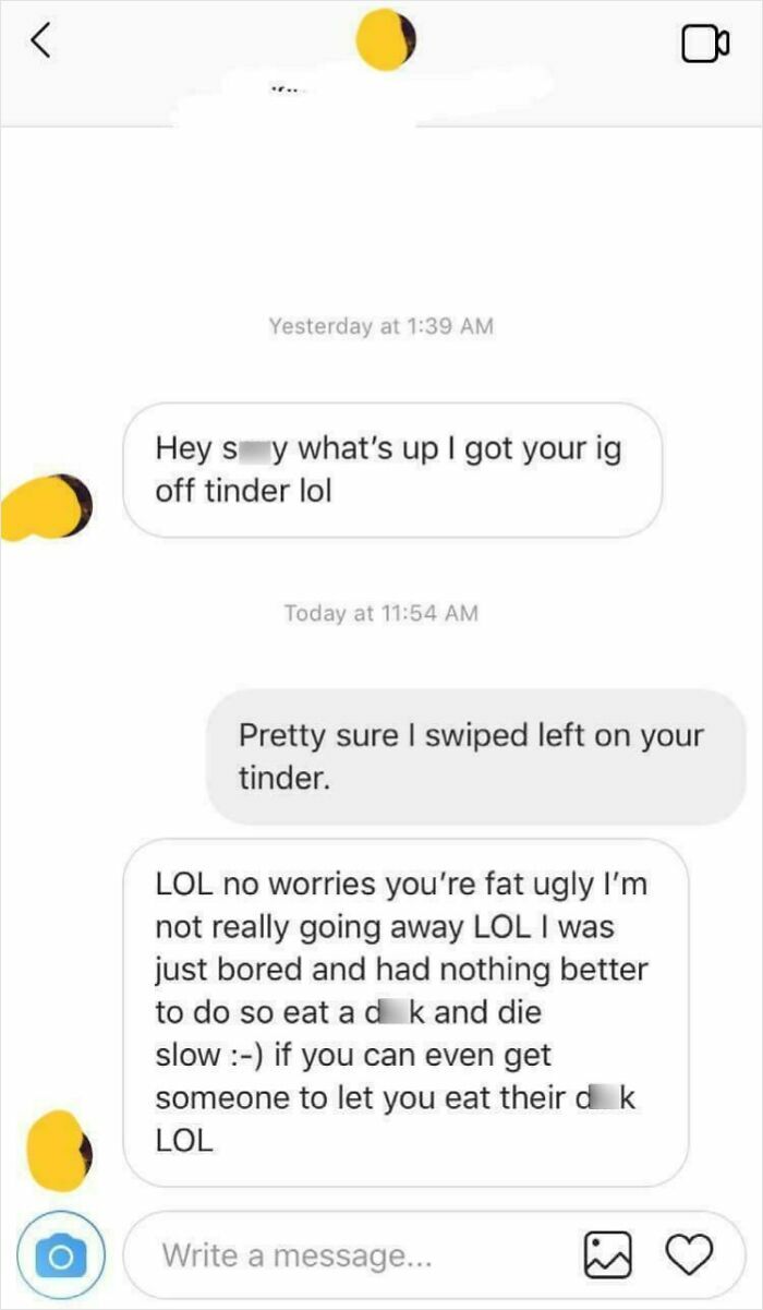 Screenshot of a brutal rejection message on social media, showing a harsh and baffling response to someone on Tinder.