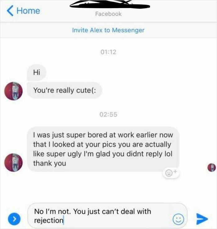 Screenshot of a brutal rejection message in a Facebook Messenger conversation showing unexpected insults and responses.
