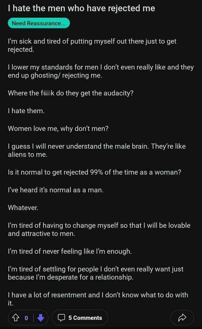 Text post expressing frustration and confusion over brutal rejections and feelings of not being enough in relationships.