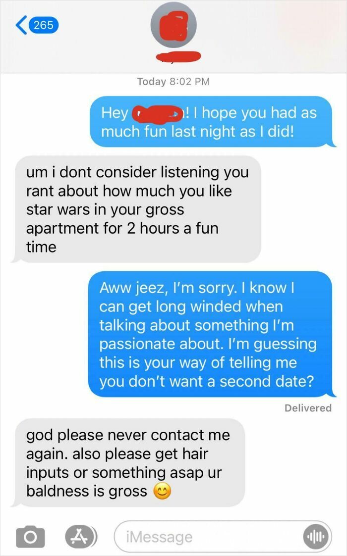 Text message exchange showing brutal rejection after a date, highlighting awkward and harsh responses in brutal rejections.