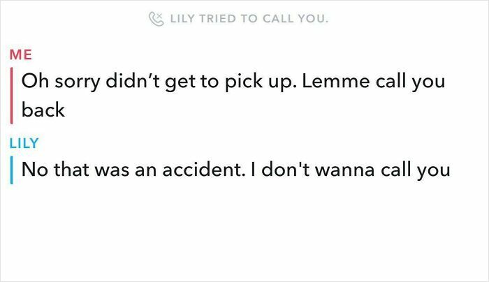 Text message showing a brutal rejection where one person accidentally called and then says they don’t want to call back.