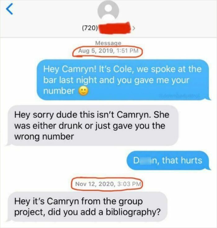 Text message exchange showing brutal rejection and confusion between two people after a wrong number was given.