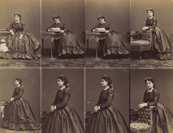 Multiple invaluable photos from the 19th century showing a woman in period dress posing with furniture in a studio.