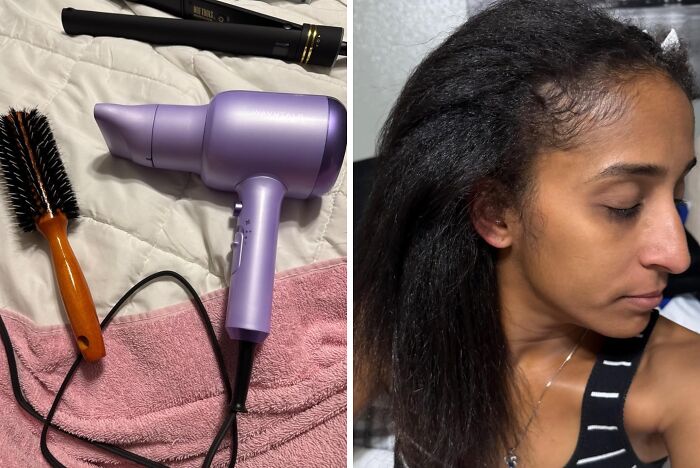 Purple hair dryer and round brush on a towel next to a woman with styled hair, popular Amazon beauty items trending this week