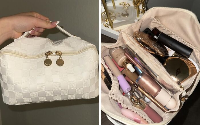 White checkered makeup bag filled with various cosmetics, one image showing closed bag and other showing organized contents inside.