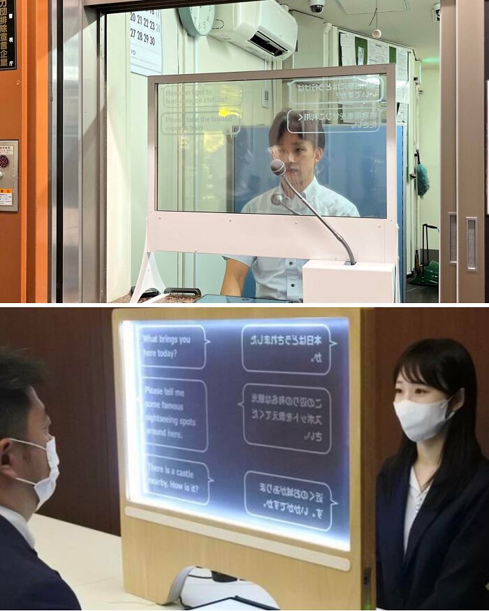 Transparent communication screens with interactive translation displays used in customer service settings in some countries