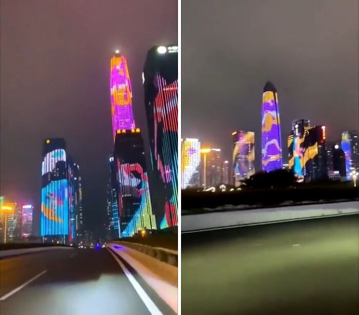 Skyscrapers with vibrant digital light displays at night, showcasing small but genius things some countries do.