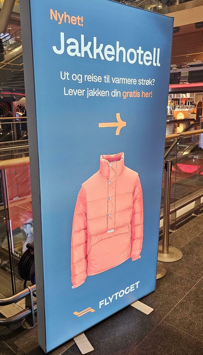Sign in a public space advertising a jacket hotel service for travelers, showcasing small but genius things some countries do.