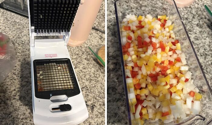 Electric vegetable chopper cutting diced onions and peppers on a kitchen countertop, popular Amazon item.