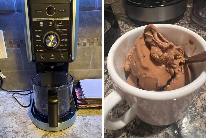 Ice cream maker appliance and a cup of creamy chocolate ice cream, popular wished items burning up Amazon this week.