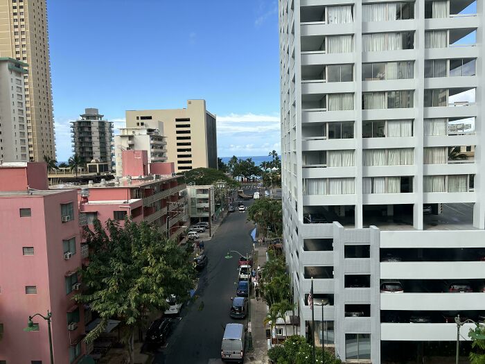 View of city street with hotels and palm trees near ocean, showcasing typical hotel and travel scenery for hotel mistakes.