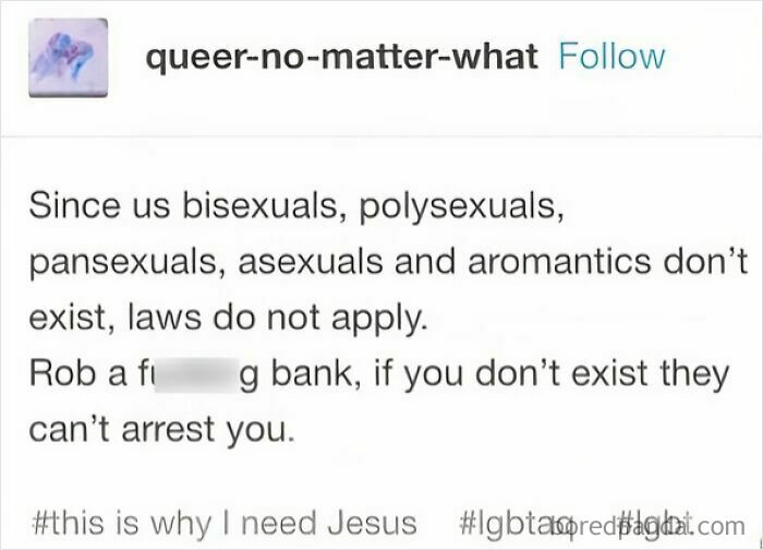 LGBTQ+ meme from an Instagram page humorously discussing bisexual, polysexual, pansexual, asexual, and aromantic identities.