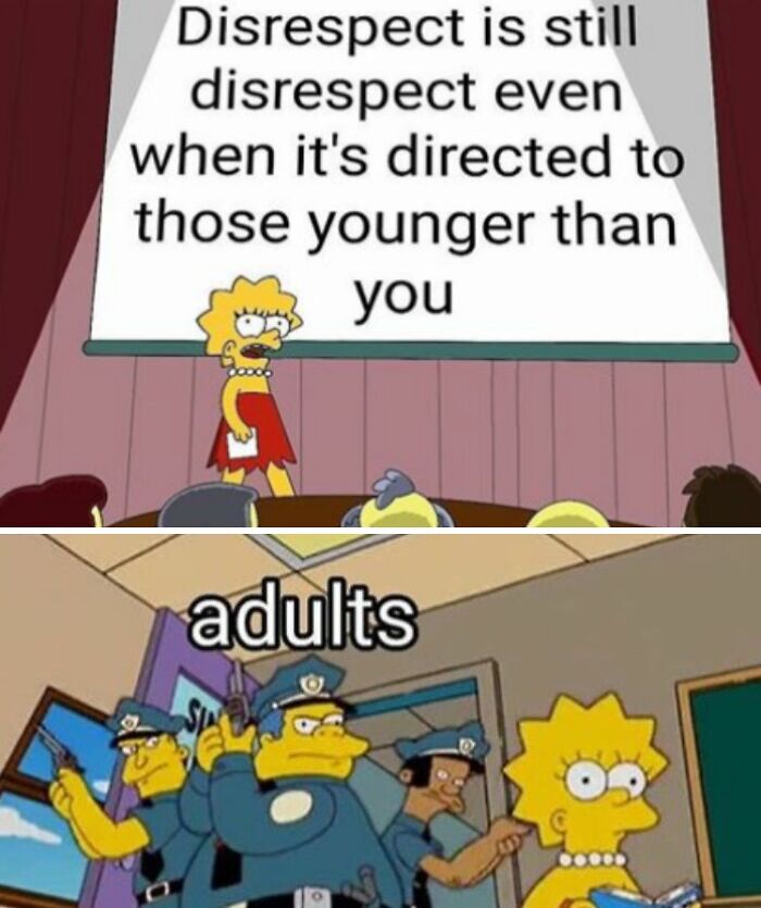 Meme about entitled parents showing disrespect to younger people and adults reacting protectively.