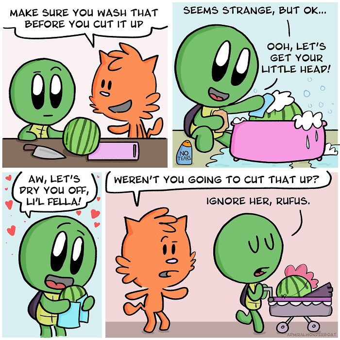 Comic panels featuring a green turtle and orange cat humorously depicting challenges and friendships in illustrated comics.