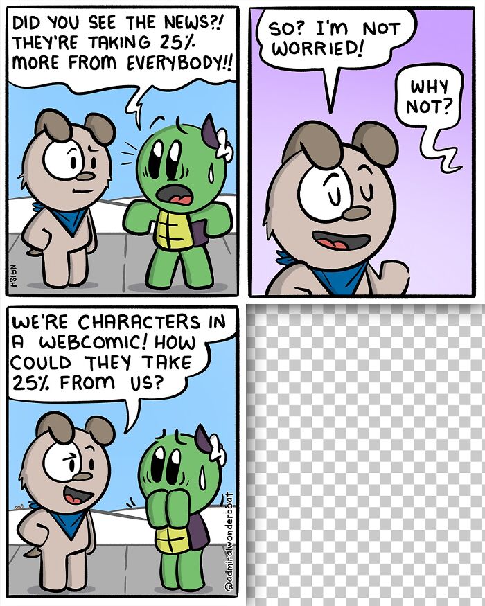 Comic panels featuring humor about challenges and friendships with a dog and turtle character in a colorful webcomic style.