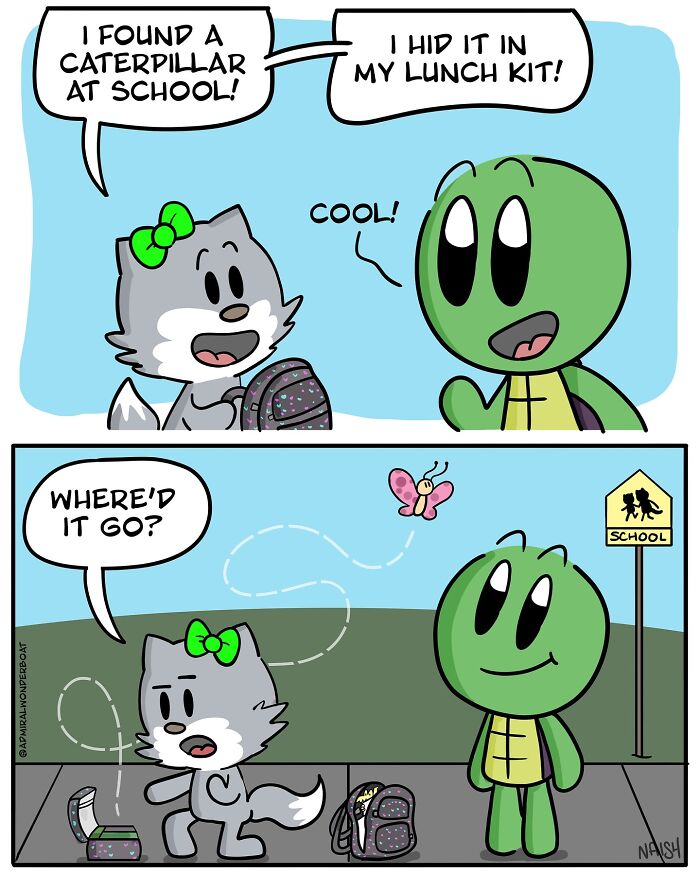 Comic strip featuring a cat and turtle highlighting humor in challenges and friendships by this artist.