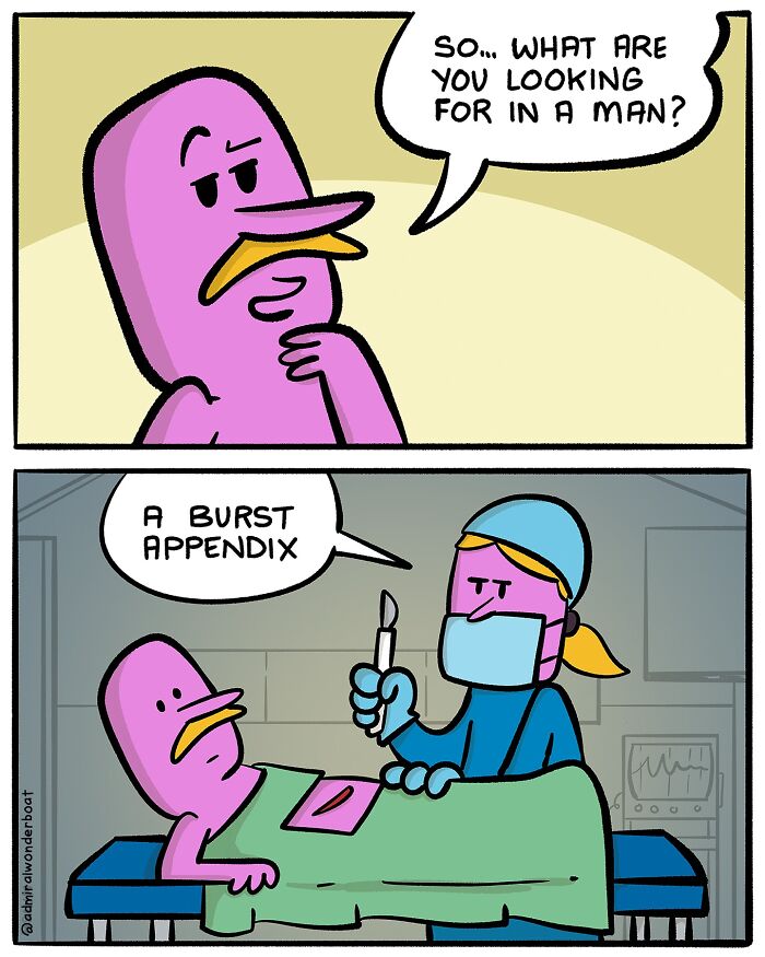 Comic illustration showing humor in challenges with a character joking about finding a burst appendix during surgery.
