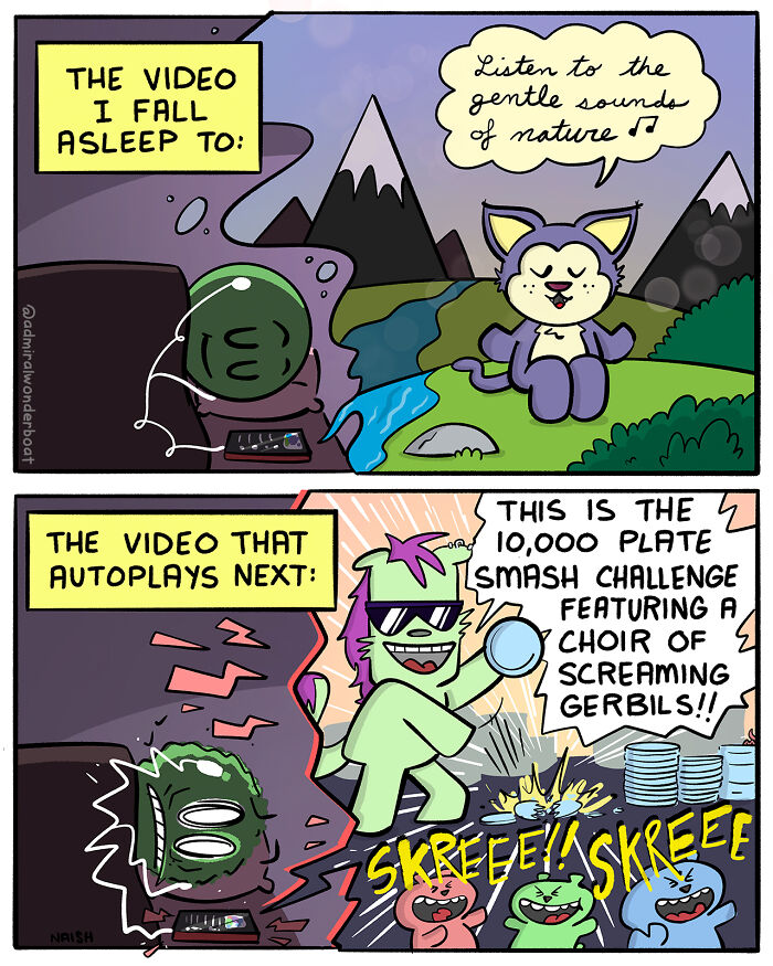 Comic illustrating humor in challenges with characters watching a calming video vs a chaotic plate smash challenge next.