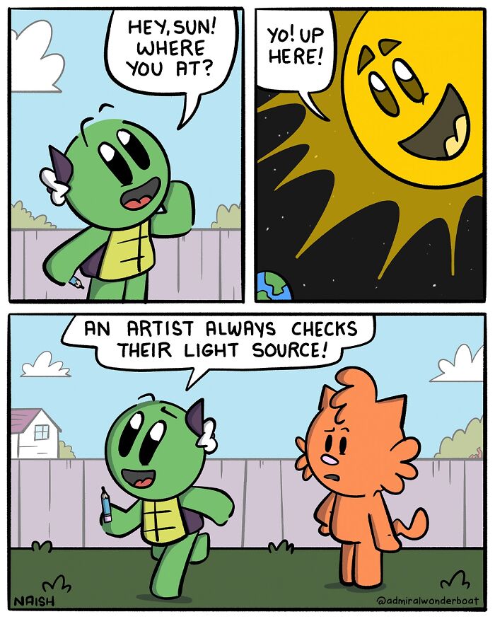 Comic strip showing a turtle and a cat humorously highlighting challenges and friendships with art and light sources.