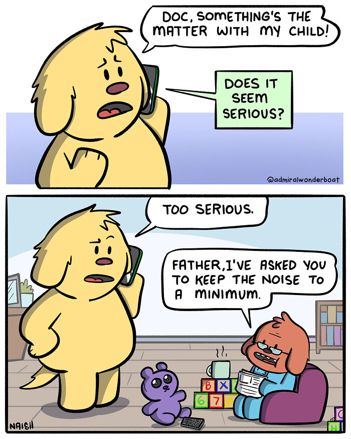 Comic showing a dog parent calling a doctor about their serious child, highlighting humor in friendships and challenges.