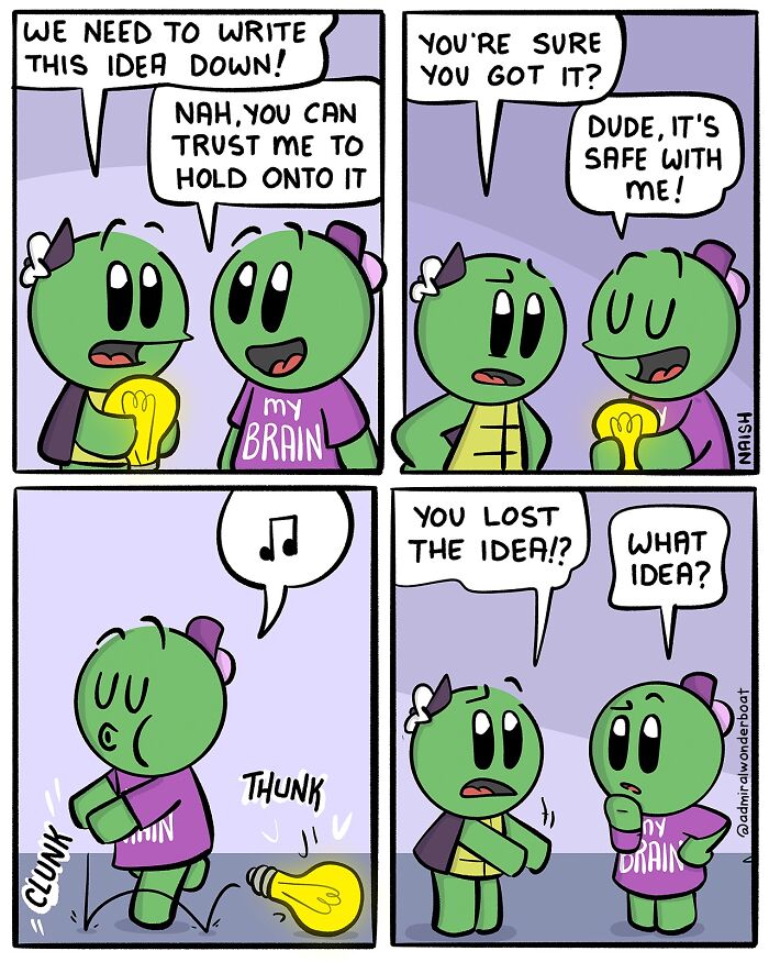 Comic strip showing humor in challenges and friendships, with two characters discussing and losing an idea.