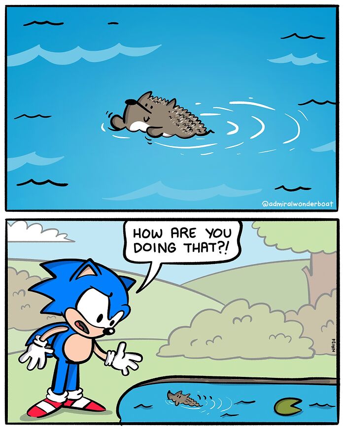 Comic panel showing a humorous scene of a character amazed by a swimming animal, highlighting humor and challenges in friendships.