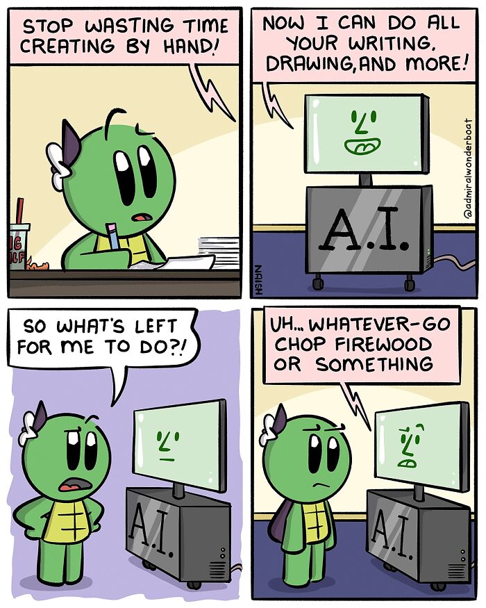 Comic strip showing humor in challenges with a green character talking to an AI about doing writing and drawing tasks.