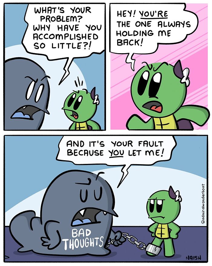 Comic depicting humor in challenges and friendships with characters arguing and overcoming bad thoughts together.