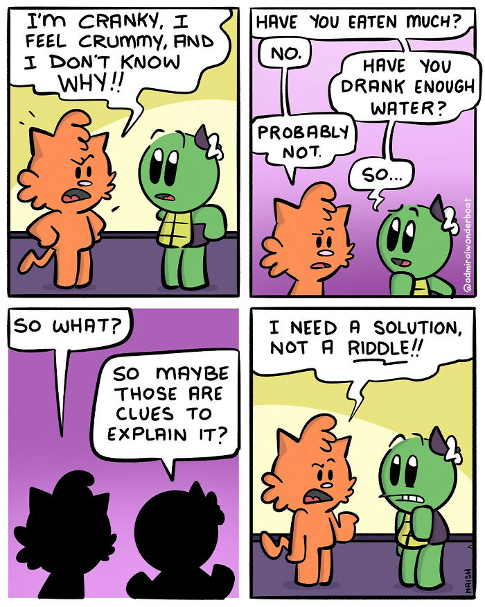 Comic strip showing humor in challenges and friendships with two characters discussing feeling crummy and seeking solutions.