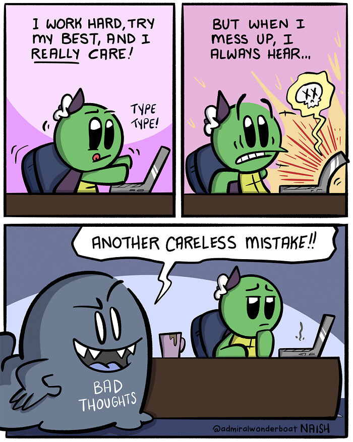 Comic illustrating humor in challenges with a character facing bad thoughts after making mistakes while working hard.