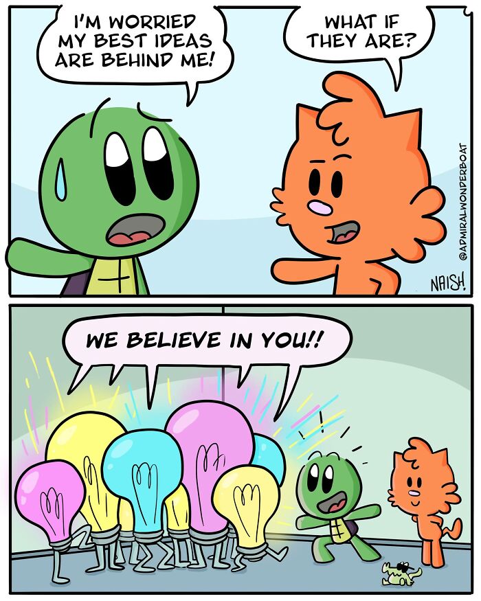 Comic strip showing a green character worried about ideas while colorful light bulbs and a friend offer support and humor in challenges.