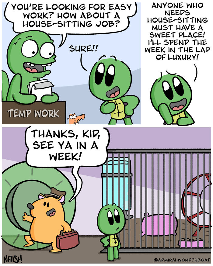 Comic by artist featuring humor in challenges and friendships with a turtle and hamster house-sitting job scene.