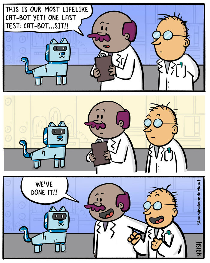 Two scientists celebrate as a cat-robot successfully responds to commands in a humorous comic about challenges and friendships.