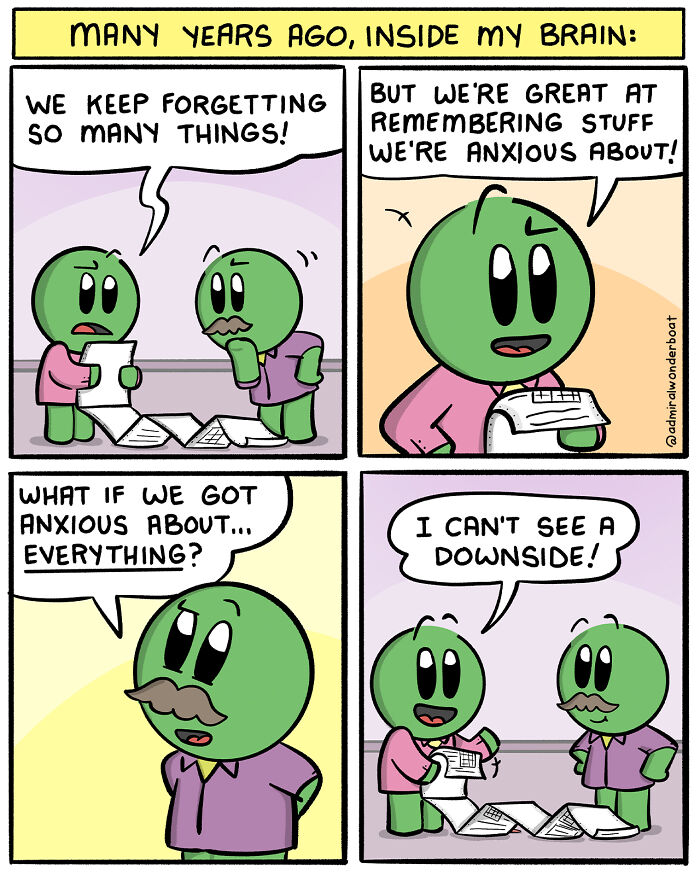 Comic panels showing green characters discussing anxiety and memory, highlighting humor in challenges and friendships by the artist.