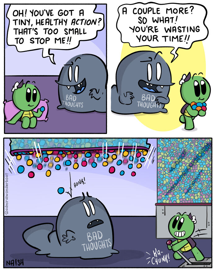 Comic panels showing a character overcoming bad thoughts with humor and resilience in challenges and friendships by the artist.