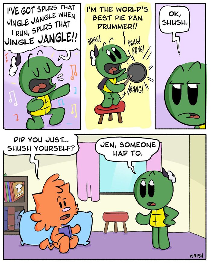 Comic strip featuring a green character humorously drumming and shushing, highlighting humor in challenges and friendships.