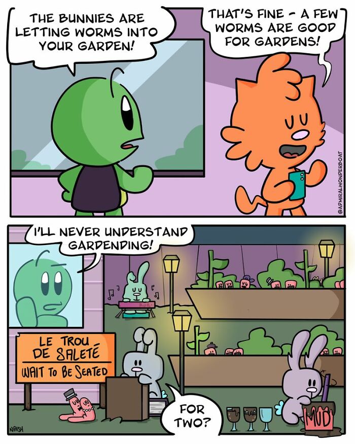 Comic panels showing humor in friendships and challenges with animals gardening and interacting in a colorful setting.