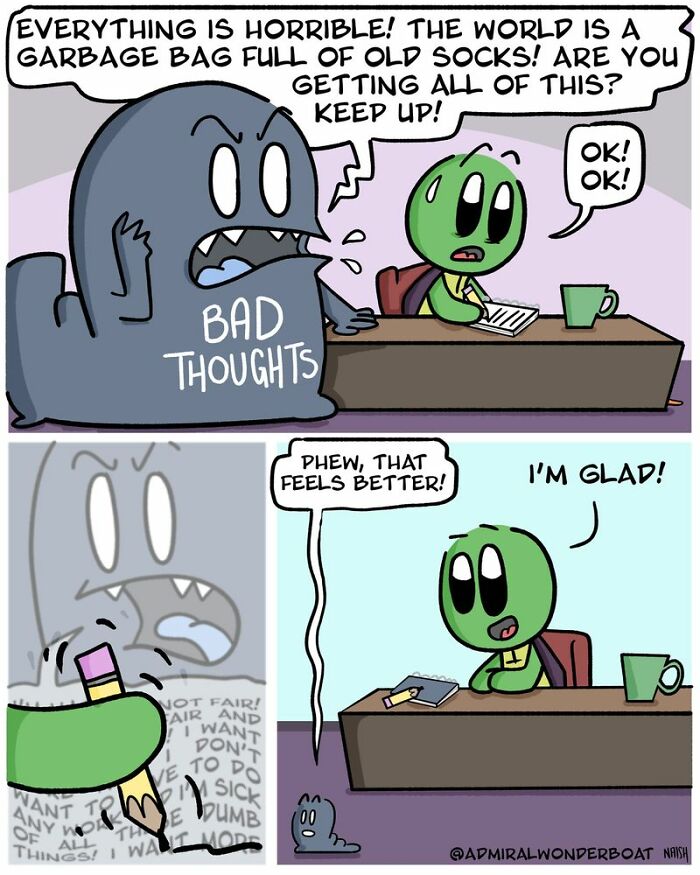 Comic illustrating humor in challenges with a character confronting bad thoughts and finding relief through writing.