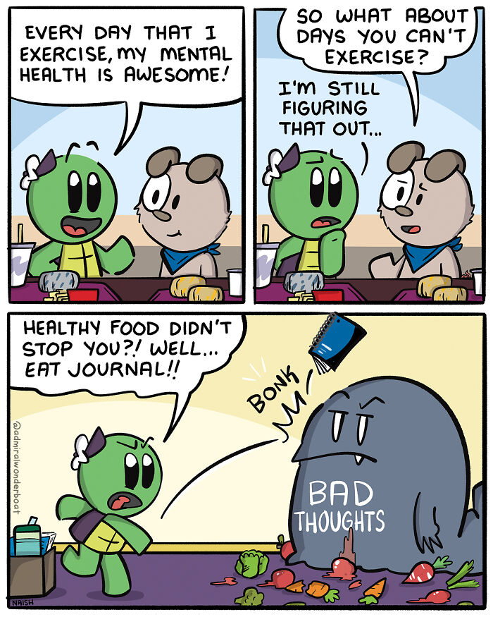 Comic strip showing humorous challenges in mental health and friendships, featuring characters battling bad thoughts and exercise struggles.