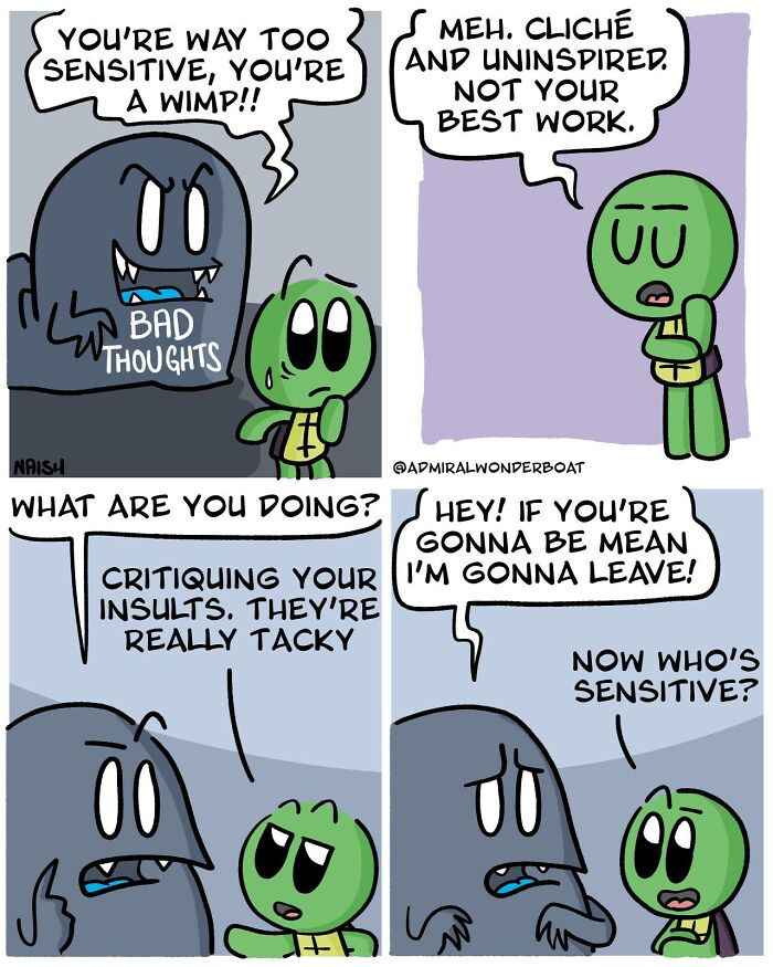 Comic illustrating humor in challenges and friendships with characters debating sensitivity and insults.