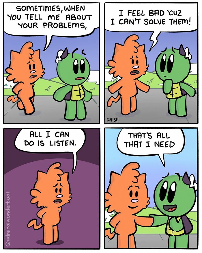 Comic strip showing two characters discussing friendship and challenges, highlighting humor in relatable conversations by this artist.