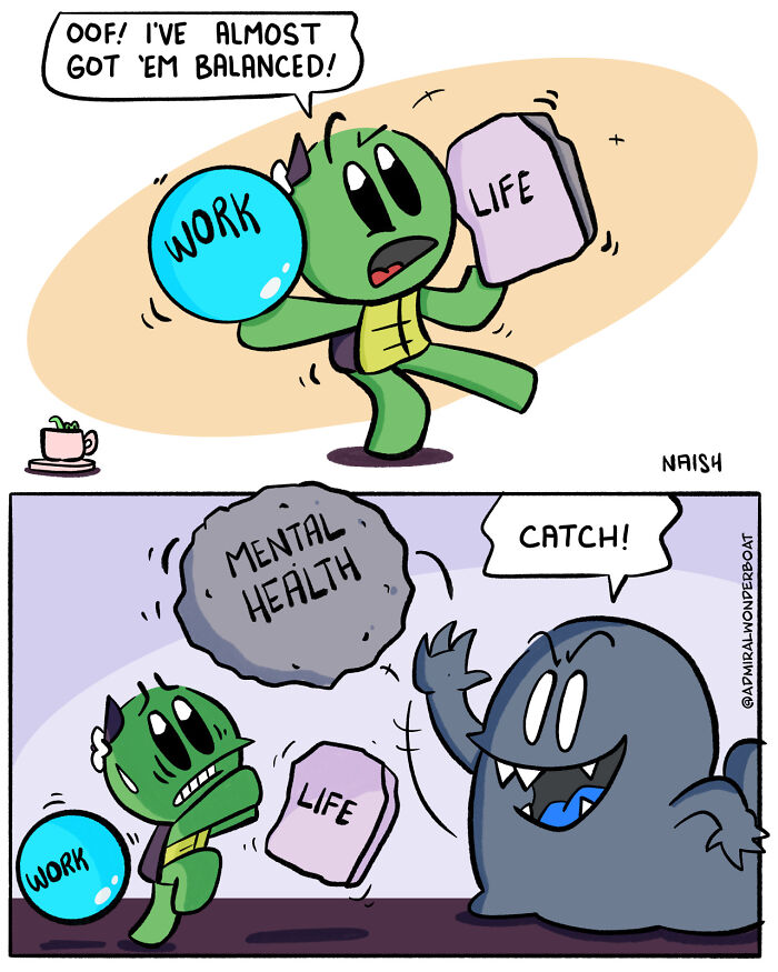 Comic showing humor in challenges with a character balancing work and life, then facing mental health struggles.