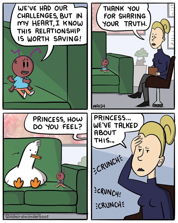 Comic strip highlighting humor in challenges and friendships with quirky characters in a counseling session setting.