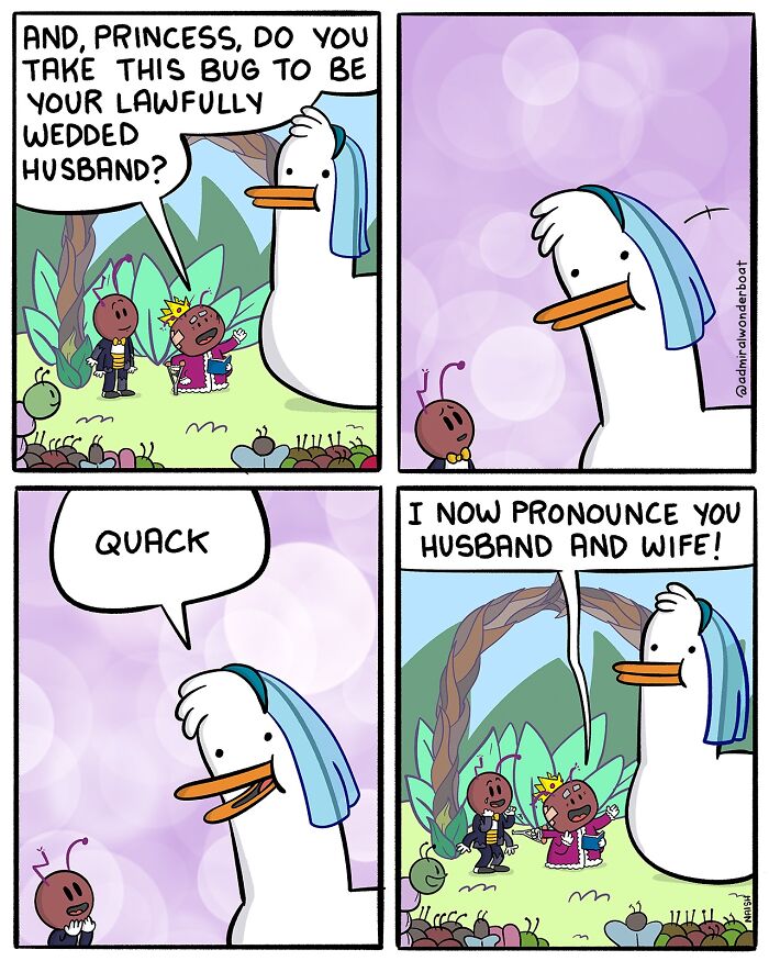 Comic strip showing a duck officiating a humorous wedding between two bugs, highlighting friendship and challenges in comics.
